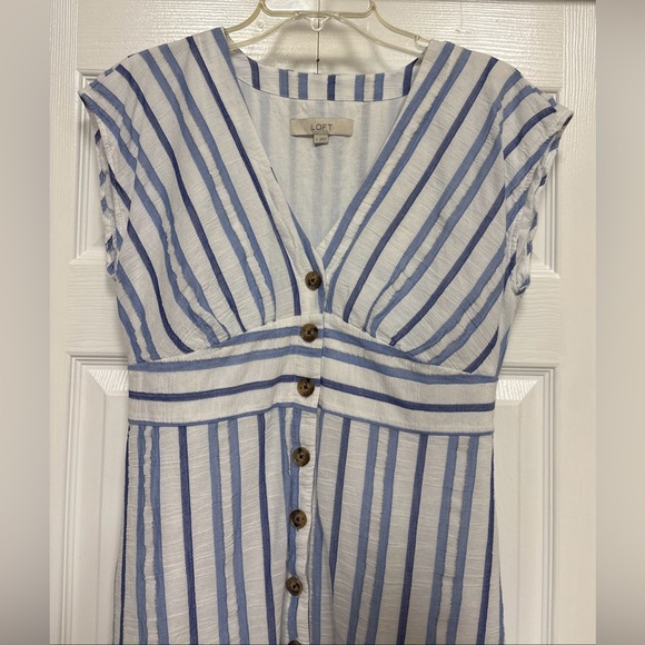 LOFT Blue and White Striped Button-Front V-Neck Dress - Picture 11 of 16